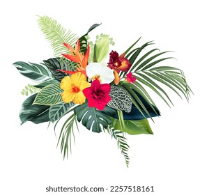 Flores tropicales exóticas, orquídeas, estrelitzia, hibiscos, anurio, palma, monstera, hojas de calatea diseño vectorial ramo. Diseño floral de bodas en selva selva. La vegetación de la isla. Aislado y editable