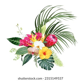 Exotic tropical flowers, orchid, strelitzia, yellow hibiscus, protea, palm, monstera, calathea leaves vector design bouquet. Jungle forest wedding floral design. Island greenery. Isolated and editable