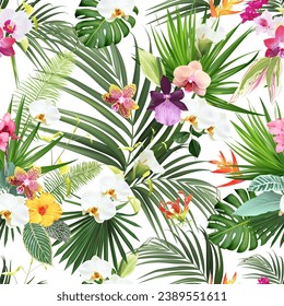 Exotic tropical flowers, orchid, strelitzia, hibiscus, canna, calla lily, palm, monstera leaves vector seamless pattern. Jungle forest wedding design print. Island greenery. Isolated and editable