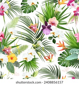 Exotic tropical flowers, orchid, strelitzia, hibiscus, canna, calla lily, palm, monstera leaves vector seamless pattern. Jungle forest wedding design print. Island greenery. Isolated and editable