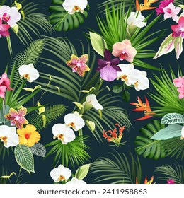 Exotic tropical flowers, orchid, strelitzia, hibiscus, canna, calla lily, palm, monstera leaves vector seamless pattern. Jungle forest wedding design print. Island greenery. Isolated and editable