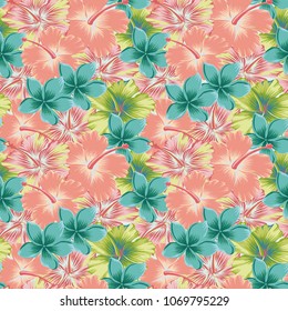 Exotic tropical flowers plumeria hibiscus abstract pastel color seamless vector pattern background. Trendy spring summer wallpaper