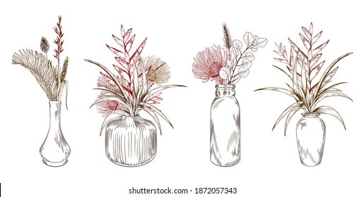 Exotic tropical flowers in vases. Bohemian floral bouquets. Hand drawn vector illustration isolated on white background.