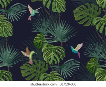 Exotic tropical forest. Hummingbirds. Colibri. Seamless pattern. Vector background.