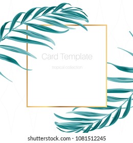 Exotic tropical forest jungle green palm tree leaves branch. Rectangular square golden border frame. Fern greenery. Simple clean card template with text placeholder. White background. Vector design.