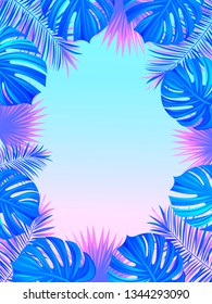 Exotic tropical frame with jungle plants, palm leaves, monstera and place for your text. Nature background. Vector tropic design. Trendy bright gradient colors. Travel, spring, summer, vacation card