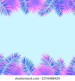 Exotic tropical frame with jungle plants, palm leaves, monstera and place for your text. Nature background. Vector tropic design. Trendy bright colors. Travel, spring, summer, vacation card