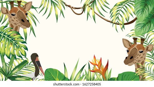 Exotic tropical frame with vector animals giraffe and stork with tropical flowers and leaves. Image illustration pattern on white background. Abstract floral border, template invitation