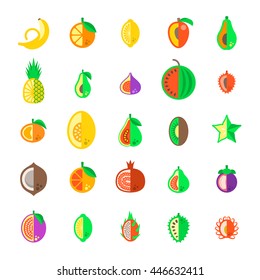 Exotic tropical fresh fruits flat style colorful vector icons set. Citrus simple symbols. Organic food pictograms. Healthy eating objects. Summer harvest graphic elements. Isolated on white