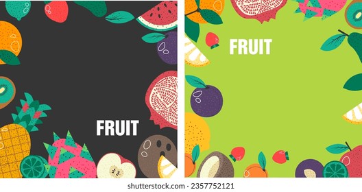 Exotic and tropical fresh fruits, watermelon slice and pomegranate, pineapple and apples. Pear and plum, strawberries and lime, lemon. Promotional banner with copy space. Vector in flat style