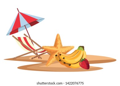exotic tropical fruit with banana cluster, strawberry and decorated with starfish icon cartoon with beach chair and umbrella on the sand vector illustration graphic design