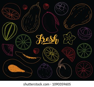 Exotic tropical fruit drawing mango, papaya, carambola, mangosteen, orange, lime, lemon, line colorful sketch on black background hand drawn vector illustration with neon effect for packaging, etc. 