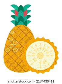 Frutos exóticos o tropicales, piña aislada con hojas. Corte la mitad del producto utilizado para postres y aperitivos. Sabrosa comida y nutrición orgánica, dieta y desintoxicación en verano. Vector de estilo plano