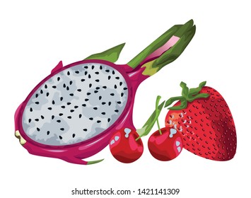 exotic tropical fruit with pitahaya, strawberry and cherries icon cartoon vector illustration graphic design