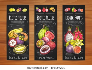 Exotic tropical fruits banners with papaya, star fruit, guava, mangosteen, passion fruit, lychee, fig, dragon fruit and durian fruits. Tropical cocktail, vegetarian dessert, food package design