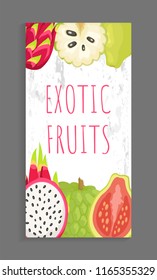 Exotic tropical fruits card with organic healthy meal vector. Pitaya and bael sugar apple and succulent durian. Slices of Asian lush sweet products