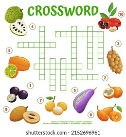 Exotic tropical fruits crossword grid, find word quiz game, vector puzzle worksheet. Crossword riddle to guess word of tropical fruits kiwano, cherimoya and kumquat with sapodilla and ackee apple