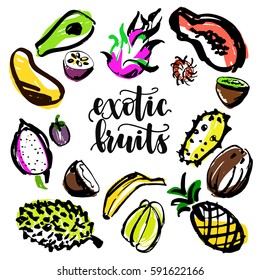 Exotic tropical fruits hand drawn with ink black stroke and colorful contrast inside and hand written lettering. Set of food on white background. Very modern and trendy.