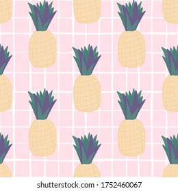 Exotic tropical fruits pattern on pink background. Geometric pineapple wallpaper. Decorative backdrop for fabric design, textile print, wrapping, cover. Vector illustration