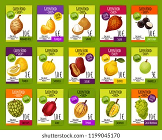 Exotic tropical fruits price cards, farm market. Vector mammee apple, kumquat or santol and organic salak fruit, jabuticaba or pomelo citrus and sapodilla with jujube and quince pear