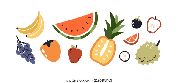 Exotic tropical fruits set. Healthy vitamin summer food. Sweet watermelon slice, cut half of pineapple, whole apple, mangosteen, banana. Flat graphic vector illustrations isolated on white