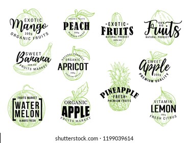 Exotic tropical fruits sketch lettering. Vector calligraphy of mango, peach or banana and apricot, organic apple with pineapple, watermelon and citrus lemon fruit