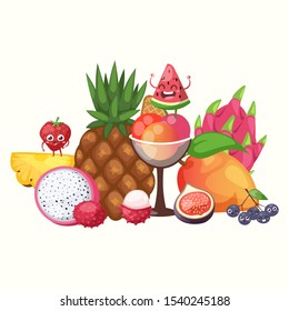 Exotic Tropical Fruits, Vector Illustration. Summer Cafe Or Shop Poster, Fresh Juicy Fruit Selection. Pineapple, Mango, Pitaya, Fig And Lychee. Ice Cream Scoops In Glass Bowl. Funny Cartoon Characters