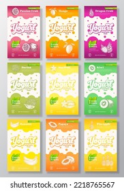 Exotic Tropical Fruits Yogurt Label Templates Set. Abstract Vector Dairy Packaging Design Layouts Collection. Modern Banners with Hand Drawn Banana, Pineapple Starfruit Sketches Background. Isolated