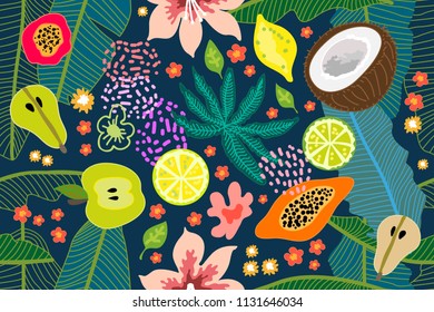 Exotic tropical garden. Wide seamless botanical pattern with flowers, fruits and different plants on dark blue background. Design inspired by 1950s-1960s design. Retro textile collection.