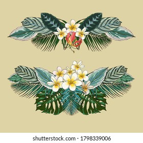 Exotic tropical garland. Vector hand-drawn leaves and flowers are arranged in a composition. For your creativity, for greeting cards, invitations
