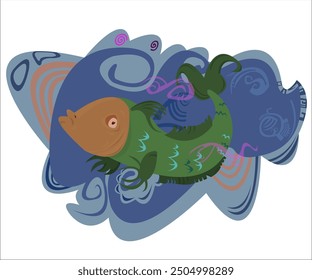 An exotic, tropical green fish, swimming underwater in a sea; vintage, cool sea background. This cartoon illustration can be used as a logotype for zoo, swimming clubs, fishing goal. Vector, isolated.