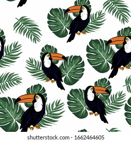 Exotic tropical green jungle, tropical leaves with trendy bird toucan white background. Vector seamless pattern composition