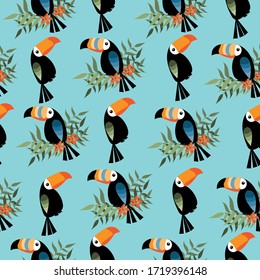 Exotic tropical green jungle palm, and hibiscus , with trendy bird toucan on turquoise background. Vector seamless pattern composition.