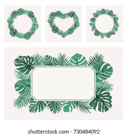 Exotic tropical greenery border frame templates set. Rectangular landscape, round wreath, heart shaped. Green rainforest jungle tree and monstera leaves composition. Vector design illustration.