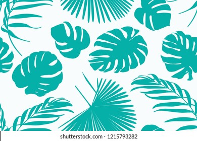 Exotic tropical greenery botanical pattern with jungle palm tree monstera leaves bohemian decor background. Turquoise blue green teal outline isolated on white backdrop. Vector design illustration.
