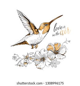 Exotic Tropical Hibiscus flowers and hummingbird. Gold and silver composition. Love is in the air - lettering quote. Card design, hand drawn style t-shirt print. Vector illustration.