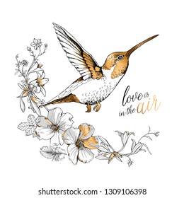 Exotic Tropical Hibiscus flowers and hummingbird. Gold and silver composition. Love is in the air - lettering quote. Card design, hand drawn style t-shirt print. Vector illustration.