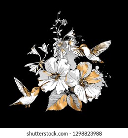 Exotic Tropical Hibiscus flowers and hummingbirds. Gold and silver composition on a black background. Inspiration typography poster, card design, hand drawn style t-shirt print. Vector illustration.