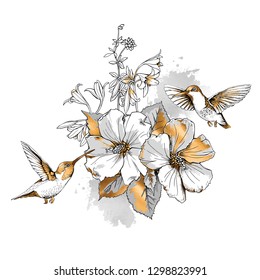 Exotic Tropical Hibiscus flowers and hummingbirds. Gold and silver composition on a white background. Inspiration typography poster, card design, hand drawn style t-shirt print. Vector illustration.