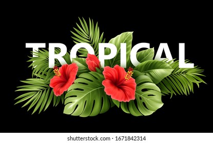 Flores exóticas de hibiscos tropicales y hojas de monstera, hojas de palma de plantas tropicales aisladas en fondo negro. Ilustración del vector EPS10