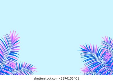 Exotic tropical horizontal frame with jungle plants, palm leaves and place for your text. Tropic vector background. Trendy bright purple colors. Travel, spring, summer, vacation card