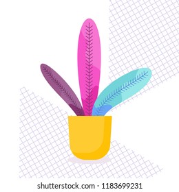 Exotic tropical indoor plant in a flowerpot on a white background. Image in bright colorful trendy memphis style.