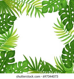 Exotic tropical jungle floral frame with palm tree, monstera leaves and place for text