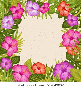 Exotic tropical jungle floral frame with hibiscus flowers, palm tree, monstera leaves and place for text