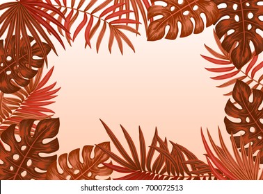 Exotic tropical jungle floral frame with palm tree, monstera leaves and place for text