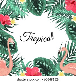 Exotic tropical jungle rain forest bright green palm tree and monstera leaves, pink flamingo birds, hibiscus and plumeria flowers frame template with place for text on white background