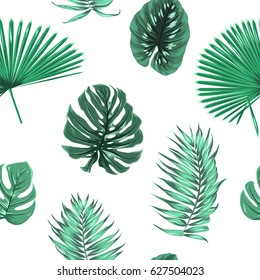 Exotic tropical jungle rain forest palm tree leaves branch monstera ficus seamless pattern. Floating isolated green elements on white background. Vector design illustration fashion, fabric, textile.