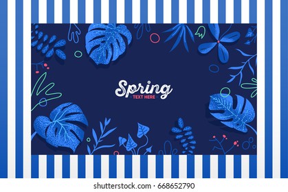 Exotic tropical jungle rainforest blue monstera leave and plants frame template with place for text on striped background. Vector illustration.Invitation, greeting card, friend letter, shopping flyer