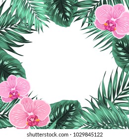 Exotic tropical jungle rainforest bright green palm tree, pink orchid flowers and monstera leaves frame template with place for text on white background. Vector design illustration.
