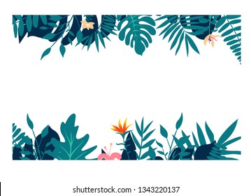 Exotic tropical jungle rainforest bright green navy turquoise palm tree and monstera leaves border frame template on white background.
